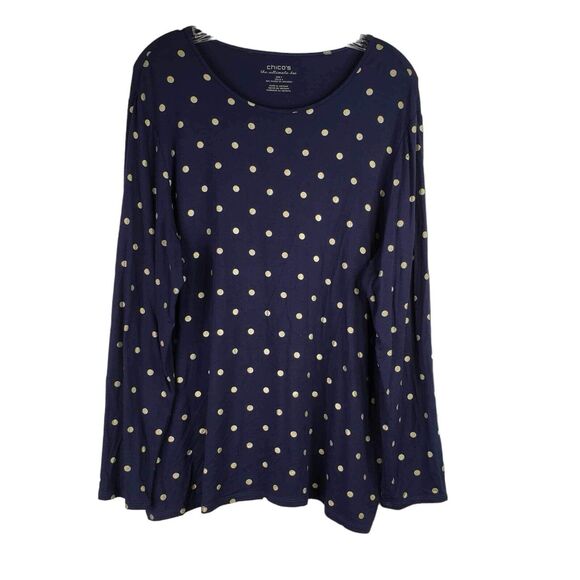 Chicos Shirt Ultimate Tee Womens Size 3 US XL Navy Blue Long Sleeve Polka Dot - Picture 2 of 10